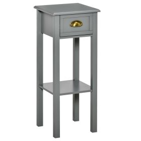 2-Tier Gray Tall Narrow Accent Table with Drawer and Bottom.