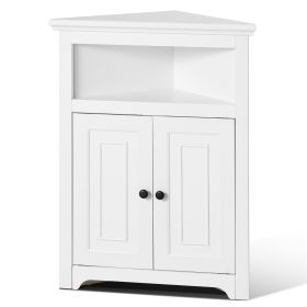 3 Tiers White 32" Corner Storage Cabinet with 2 Wooden Doors and Adjustable Shelves