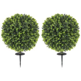 2 Pack 1.3' Artificial Ball Boxwood Topiary with Ground Stake, UV Resistant Faux Greenery for Indoor Outdoor