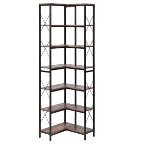 79" Tall, 7-Tier Corner Bookshelf. Heavy Duty Metal Frame with Wooden Shelves.