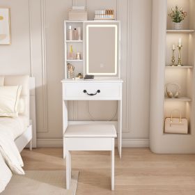 Multi-tier Vanity Dressing Table with LED-lit Mirror and Hidden Storage. Padded Stool, Adjustable Lighting and Dust-proof Shelves
