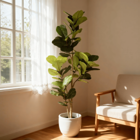 6' Tall Artificial Fiddle Leaf Fig Tree with Black Plastic Pot, Real Touch Indoor Plant