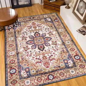 6’ x 9’ Vintage Boho Large Persian Area Rug. Blue and Gold Flower Design. Non-slip and Washable