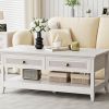 Farmhouse Style 2 Tier Coffee Table with 2 Rattan Drawers and Storage Shelf