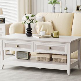 Farmhouse Style 2 Tier Coffee Table with 2 Rattan Drawers and Storage Shelf