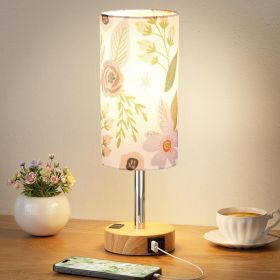 3 Way Dimmable Bedside Floral Linen Touch Lamp.USB C and A Charging Ports and AC Outlet