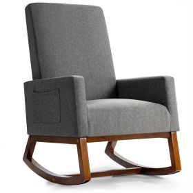 Upholstered High Back Rocking   Chair with Side Pocket and Rubbewood Base