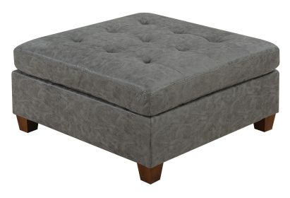 Antique Grey Tufted Cocktail Ottoman Seat with Breathable Leatherette Wooden Legs