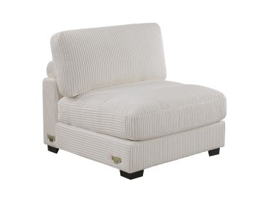 Beige Armless Upholstered Chair, Wide-Welt Corduroy With Wooden Legs