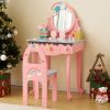 Children's Pink Vanity Table and Chair Set. 7pcs with Mirror and Stool, 3 Drawers and Tabletop Storage Pretend Play Makeup Toys