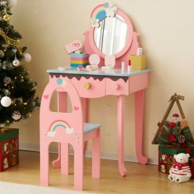 Children's Pink Vanity Table and Chair Set. 7pcs with Mirror and Stool, 3 Drawers and Tabletop Storage Pretend Play Makeup Toys