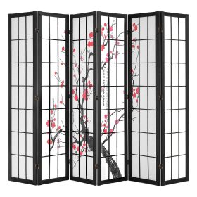 6 Panel Wood Cherry Blossom Design Folding Privacy Screen Divider