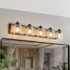 5-Light Farmhouse Style Vanity Wall Sconce with Clear Seeded Glass Lampshades, Rustic Black Finish with Wood Backplate