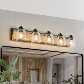 5-Light Farmhouse Style Vanity Wall Sconce with Clear Seeded Glass Lampshades, Rustic Black Finish with Wood Backplate