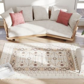 4’ x 6; Machine Washable Boho Print Area Rug. Non-Slip. Ivory and Brown.
