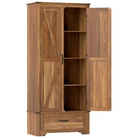 72"  Brown Farmhouse Kitchen Pantry Cabinet with 2 Doors and Adjustable Shelves,
