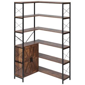 70" Tall 6-Tier Corner Bookshelf with Storage Cabinet, 2 Barn Doors and 10 Storage Shelves