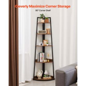 70" Tall 5 Tier Corner Shelf with Metal Frame and Wooden Shelves