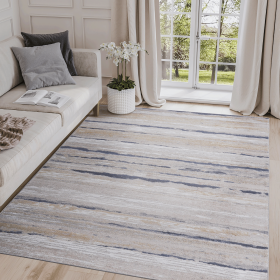 LOOM & LUXE Stain Resistant Area Rug 8' X 10' Ivory/Blue Striped. Non-Shedding