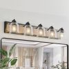 5-Light Farmhouse Vanity Wall Sconce with Clear Seeded Glass Lampshades. Black and Wood Grain Finish