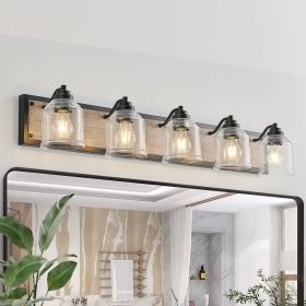 5-Light Farmhouse Vanity Wall Sconce with Clear Seeded Glass Lampshades. Black and Wood Grain Finish