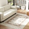 4’ x 6; Machine Washable Boho Print Area Rug. Non-Slip. Ivory and Brown.