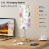 3 Way Dimmable Bedside Floral Linen Touch Lamp.USB C and A Charging Ports and AC Outlet