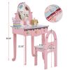 Children's Pink Vanity Table and Chair Set. 7pcs with Mirror and Stool, 3 Drawers and Tabletop Storage Pretend Play Makeup Toys