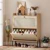 Narrow Oak Shoe Storage Cabinet with 2 Flip Drawers