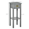 2-Tier Gray Tall Narrow Accent Table with Drawer and Bottom.