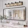 5-Light Farmhouse Vanity Wall Sconce with Clear Seeded Glass Lampshades. Black and Wood Grain Finish