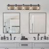 5-Light Farmhouse Vanity Wall Sconce with Clear Seeded Glass Lampshades. Black and Wood Grain Finish