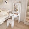 Multi-tier Vanity Dressing Table with LED-lit Mirror and Hidden Storage. Padded Stool, Adjustable Lighting and Dust-proof Shelves