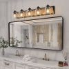 5-Light Farmhouse Style Vanity Wall Sconce with Clear Seeded Glass Lampshades, Rustic Black Finish with Wood Backplate