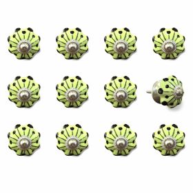 Set of Twelve Yellow Green And Silver Floral Ceramic Drawer Pull Knobs