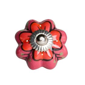 Set of Twelve Red Pink And Green Floral Ceramic Drawer Pull Knobs
