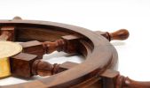 36" Brown Solid Wood And Brass Ships Wheel Hanging Dimensional Sculpture