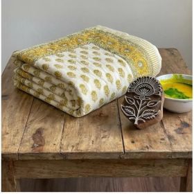108" X 108" Mustard And Cream Floral Cotton Decorative Comforter