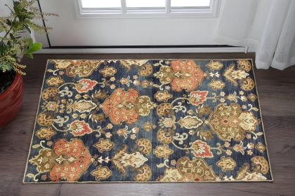 3' X 5' Navy Blue Hand Tufted Wool Traditional Floral Indoor Area Rug