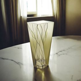 8 Mouth Blown European Made Green Glass Hand Decorated Squarish Vase