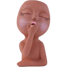 Whimsical Figure Girl Blowing Kiss Flower Pot; Resin (Color: Brown color)