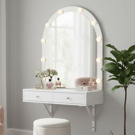 Floating Wall Mounted Makeup Vanity Desk with LED Mirror and 3 Color Lights, Compact Dressing Table with Power Outlet & USB Charging (Color: White)