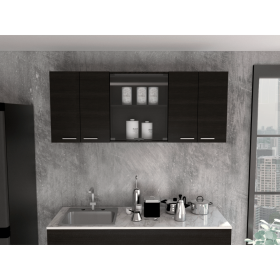 Yuma 150" Black Wall Cabinet; Four Doors with Metal Handles.Two Closed Cabinets; Two Open Shelves (Color: Black)