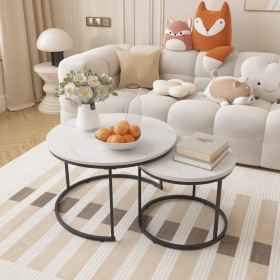 Round Nesting Coffee Table Set of 2, 27.6". Industrial Wood Finish with Sturdy Metal Frame (Color: White, Material: Wood+Metal)