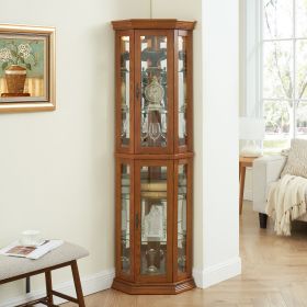 Lighted Corner Curio Cabinet Corner Glass Front Display Shelving with Tempered Glass Door (Color: Oak, Material: MDF+glass)